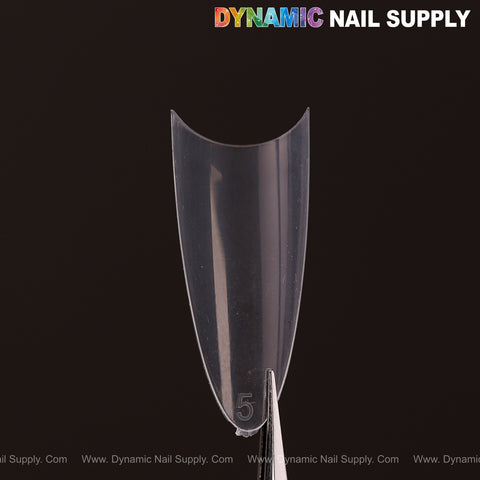Tweezers hold a size 5 (Ultra Thin) Medium Almond Extension Nail Tip over a black background with DYNAMIC NAIL SUPPLY text.