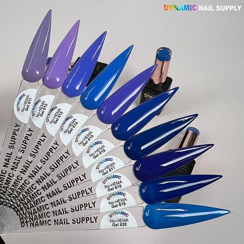 Fan display of long, pointed nails in blue and purple (Dynamic No-HEMA Gel Polish 611–620 bottles shown behind).