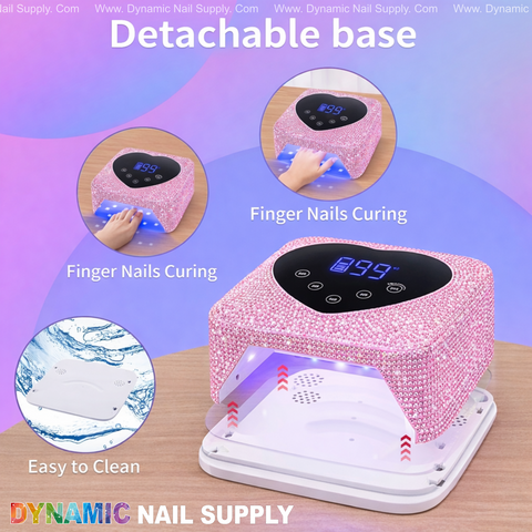 A silver rhinestone UV/LED cordless 72W lamp with heart display, auto sensor, and 5 timer settings for curing nails.