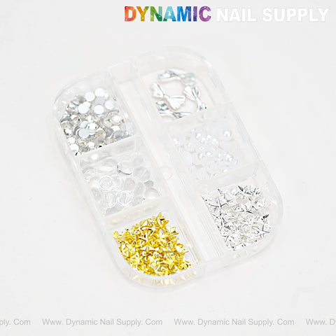 A clear case holds Sparkling Gold and Silver Star Nail Charms, beads, and rhinestones for creative nail DIY designs.