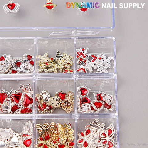 The Red Silver Gold Heart Shape Cherry Crown Planet Charm Set Box holds assorted nail art DIY design accessories.