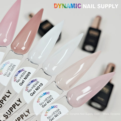Five nude neutral gel swatches labeled N001–N012, DYNAMIC No-HEMA Gel Polish for Base French Cover, bottles behind.