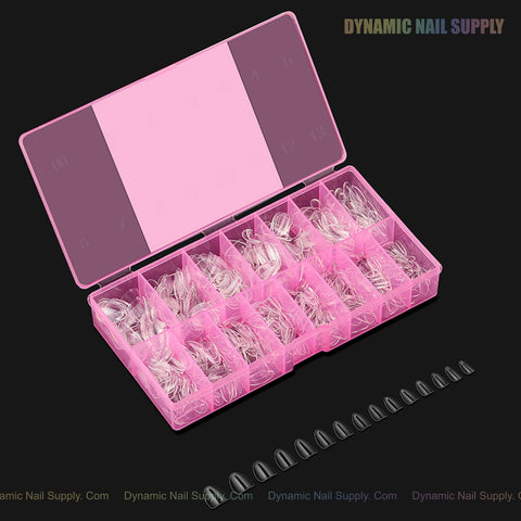 Sculpted Almond (Short) Full Cover Soft-Gel Nail Tips in a pink box, clear and sorted by size.