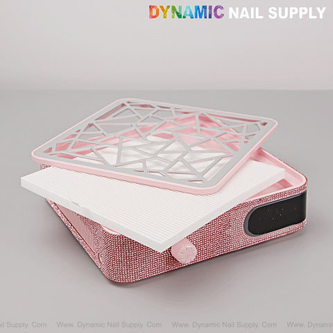 A pink rhinestone rechargeable cordless nail dust collector with strong suction, digital display, and reusable filter.