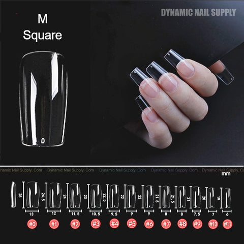 The [Square M] Full Cover Tips are clear, medium-length soft gel tips with 11 sizes; 600 pcs per pack.