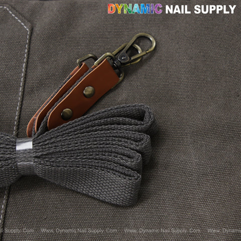 Unisex Professional Apron by DYNAMIC NAIL SUPPLY: gray cotton canvas, cross back, metal clasp, brown leather accent.