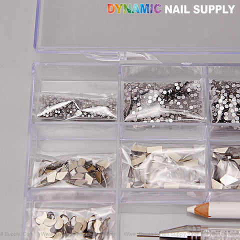 The [Black Silver-back mixed Gold-back] Rhinestones set has 14 big & 6 round shapes in a 20-cell box with compartments.