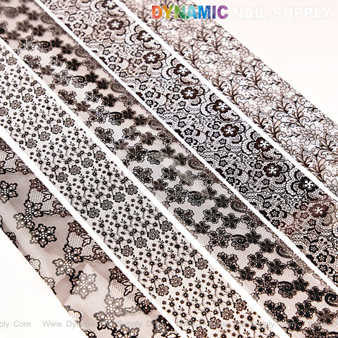 Five strips of floral and butterfly lace designs using Nail Art Design Foils - White and Black Lace Nail Foil on white.