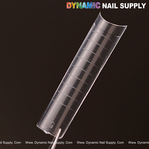 XXL Square Nail Tips Clear, 500pcs/10 sizes, guide lines, angled on dark background, “Dynamic Nail Supply” above.