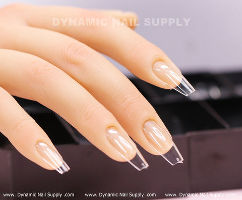 A mannequin hand displays [Coffin M] Full Cover Tips - Soft Gel X tips (600 pcs) with a square shape over black.