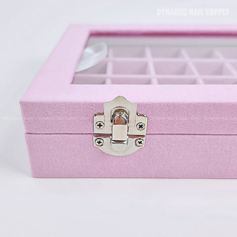 The Velvet Light Pink SMALL organizer box has 24 grids, 1 layer, and a glass lid for neat nail charm storage.