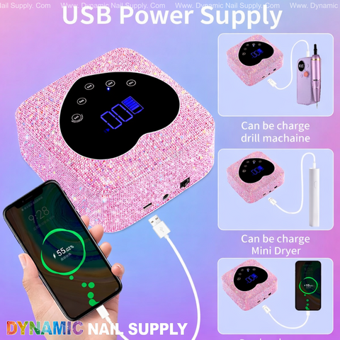 Pink Big Rhinestone 72W Cordless Lamp features a heart display, auto sensor, 5 timers, and powers nail tools.