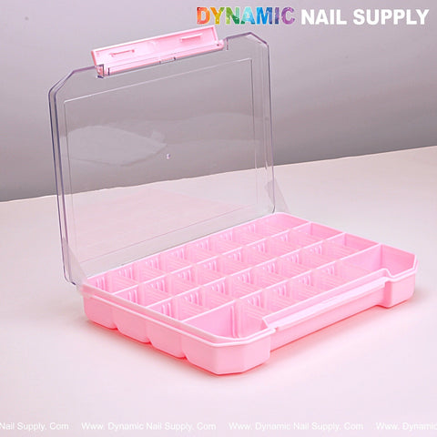 Pink 30 grid 10*7 inch organizer case with removable dividers and clear lid, on a light surface.