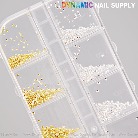 A clear case holds Gold and Silver Hollow Semi-Sphere Beads in mixed sizes for nail DIY designs.