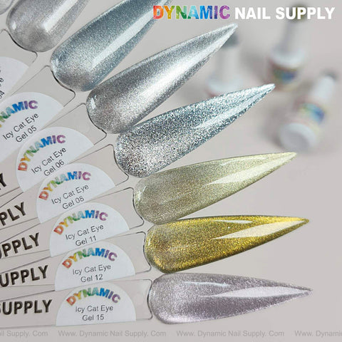 Four Icy Cat Eye Gel #06 swatches in reflective magnetic silver, displayed on white sample sticks.