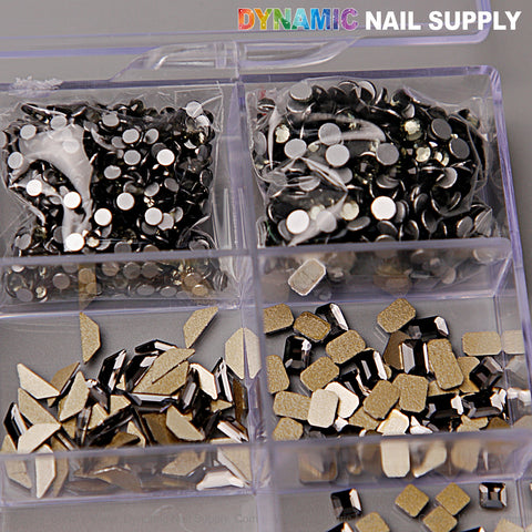 DYNAMIC NAIL SUPPLY 20-cell box: Black Silver-back & Gold-back rhinestones, 14 big shapes, 6 round.
