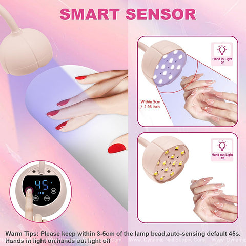 A hand with red nails under the [Light Pink] Mini Flash Cure UV LED Lamp 36W; control panel shows a 45s timer.