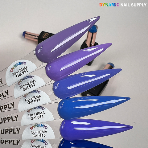 Five elongated nails in purple-blue shades, with Dynamic No-HEMA Gel Polish 611–620 bottles displayed behind.