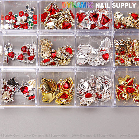 Red Silver Gold Heart Shape Cherry Crown Planet Charm Set Box for Nail Art DIY Design Accessories with compartments.