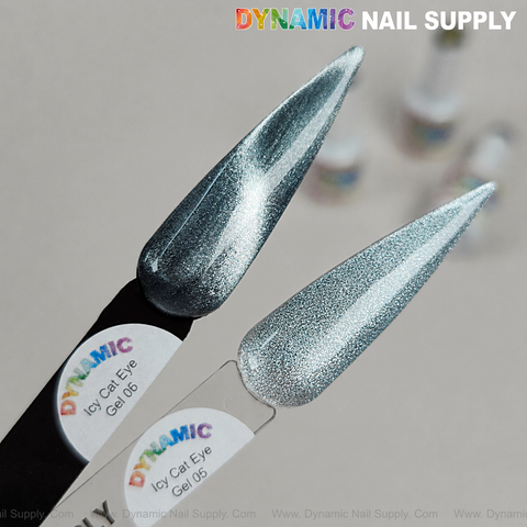 Two Icy Cat Eye Gel #06 swatches on display sticks, featuring reflective magnetic silver shimmery gel polish.