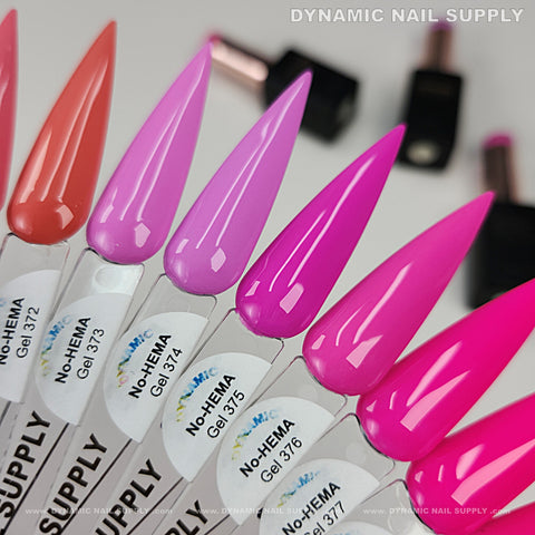Six pink shades from the Dynamic No-HEMA Gel Polish 371–380, Pretty Pink Colors Collection, shown with blurred bottles.