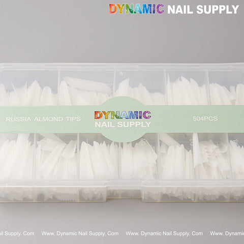 Box of 504 Russia Almond Natural White Straight Half Cover Nail Tips, 12 sizes, from Dynamic Nail Supply.