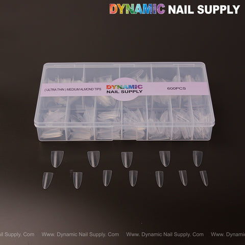 A clear case labeled (Ultra Thin) Medium Almond Extension Nail Tips holds 600 assorted half-cover tips in 12 sizes.