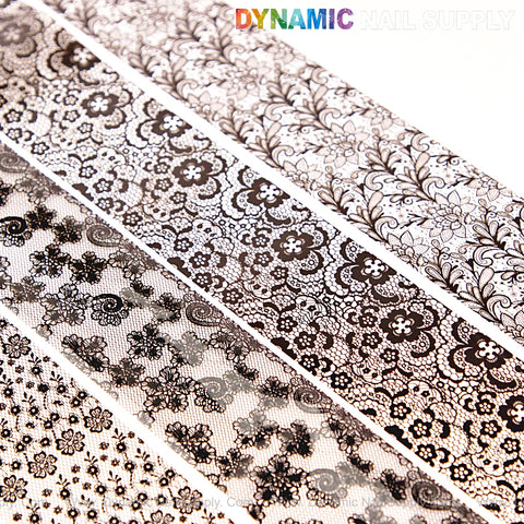 Nail Art Design Foils - White and Black Lace Nail Foil: 4 strips with floral and ornamental lace patterns on white.