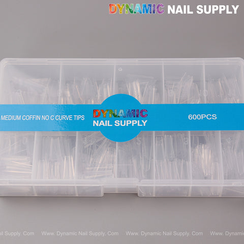Medium Coffin Nail Tips Half Cover, 600 pcs in 12 sizes, sectioned box, by Dynamic Nail Supply.