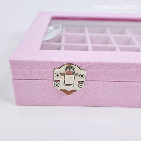 [Velvet Light Pink] SMALL Velvet Nail Charm Bead Storage Box, 24 grids, glass lid & silver clasp, shown on white background.
