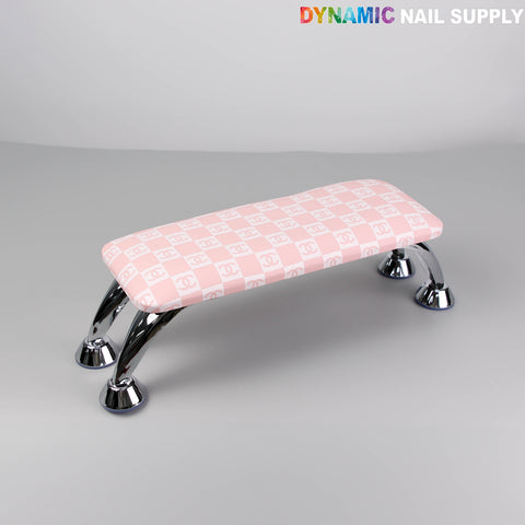 [R-M004] Pink CC Caro Pattern Handrest Armrest for manicure/pedicure, chrome legs, gray background, DYNAMIC NAIL SUPPLY top right.