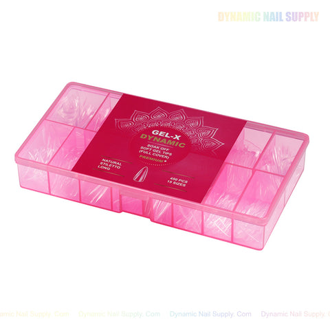 A pink box labeled Natural Stiletto (Long) holds full-cover soft-gel nail tips in separate compartments.