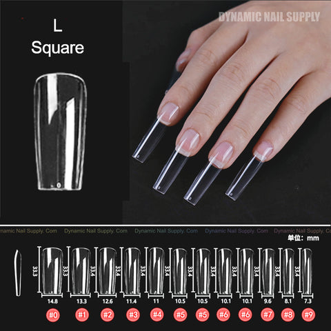 A hand with five long, clear Square L Full Cover Tips (Soft Gel X, 10 sizes); 360 pcs per pack.
