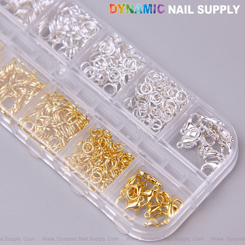 Single Loop Hook Chain Nail Charms for Gothic Punk nails, in a plastic organizer labeled DYNAMIC NAIL SUPPLY.