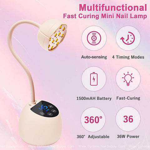 Light Pink Mini Flash Cure UV LED Lamp 36W with auto sensor, gooseneck, and USB, on a pink background.