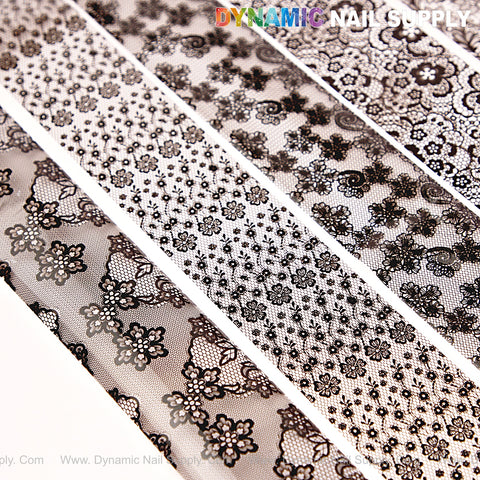 Four strips of Nail Art Design Foils - White and Black Lace Nail Foil on white, labeled Dynamic Nail Supply.