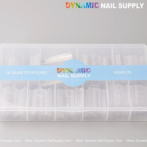 Clear case of XXL Square Nail Tips (Not C-Curve) 500pcs, labeled on a blue band, includes 10 sizes and guide lines.