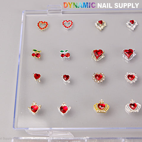 Red, silver & gold heart, cherry, crown & planet nail art charm set box by Dynamic Nail Supply.