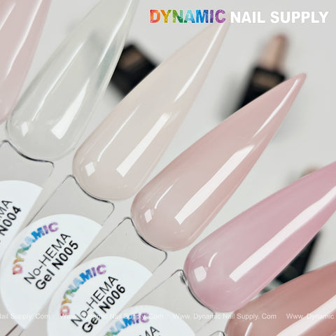 Four pointed nails in nude and pink (N004-N006) on a DYNAMIC No-HEMA Nude Neutral Gel Polish French Cover card.
