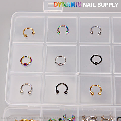 A plastic box holds Gold Silver Titanium Black Piercing Nail Charms—Punk Set for DIY Y2K Nail Art Design Accessories.