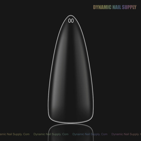A glossy black stiletto nail tip labeled 00, from Natural Stiletto (Long) Soft-Gel Tips (Pink Box) on a black background.