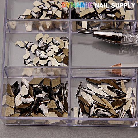 [Black Silver-back mixed Gold-back] Rhinestones set: 20 cells, 14 big & 6 round shapes, ideal for creative nail art.
