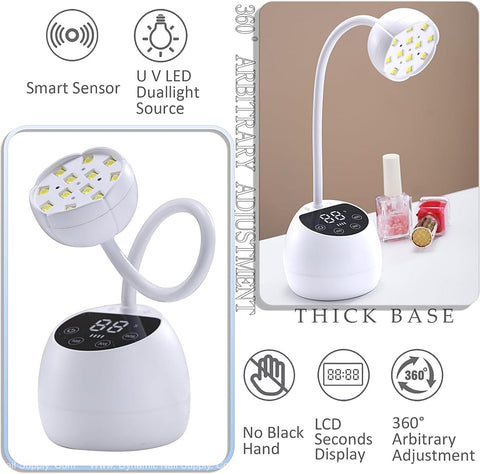 White Mini Flash Cure UV LED Lamp 36W, gooseneck, auto sensor, portable USB nail dryer for fast gel curing.