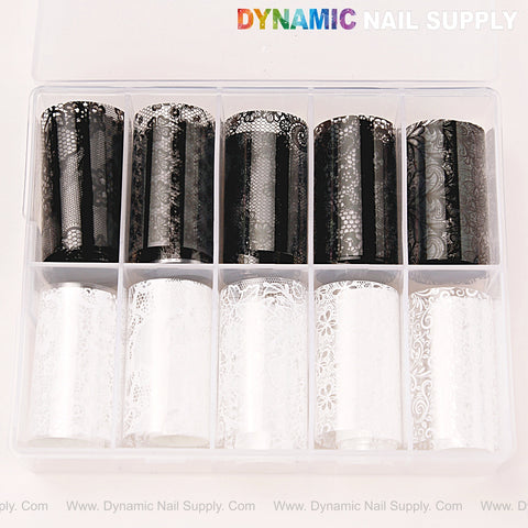 Nail Art Design Foils - White and Black Lace Nail Foil, 10 rolls in a clear plastic organizer box.
