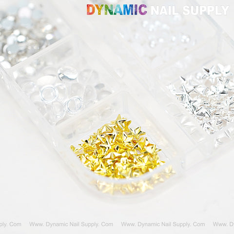 Sparkling Gold & Silver Star Nail Charms with Clear/White Beads & Rhinestones for creative nail DIY designs.
