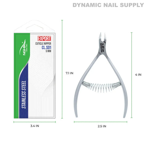 CL.S01 5MM Professional Cuticle Nippers with spiral springs; stainless steel; packaging and dimensions shown, DYNAMIC NAIL SUPPLY top right.