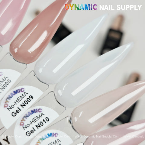 Swatches of DYNAMIC No-HEMA Nude Neutral Gel Polish for Base French Cover shown in shades N009 and N010.