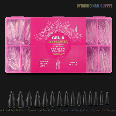 A pink box of 450 Natural Stiletto (Long) Full Cover Soft-Gel Nail Tips, organized by size with details below.