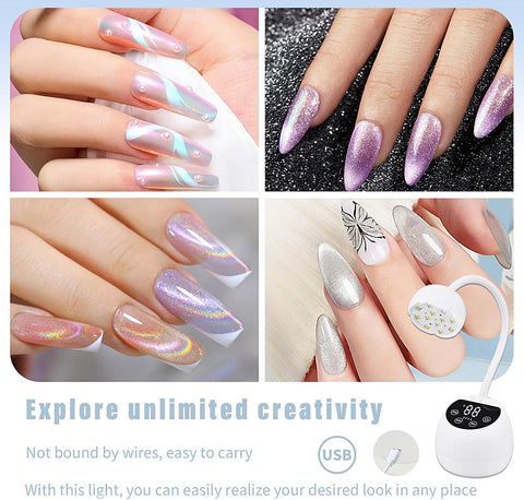 Four manicured hand photos; includes [White] Mini Flash Cure UV LED Lamp 36W with auto sensor, gooseneck & USB plug.