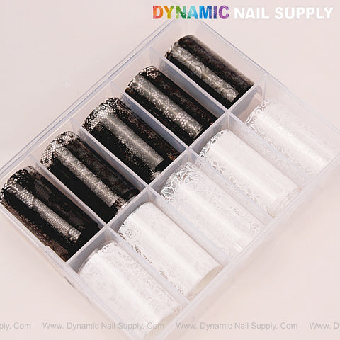 Nail Art Design Foils – White & Black Lace, 10 rolls in a clear organizer box for easy nail art creations.